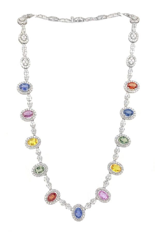9.65Ct Multicolor Oval Sapphire and Diamond Necklace 18k