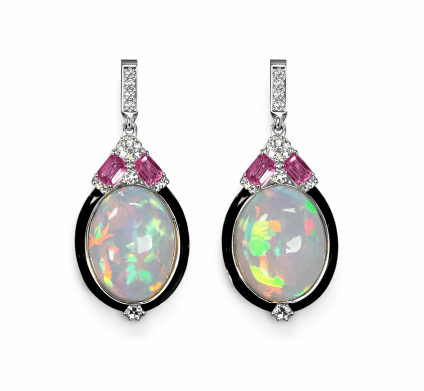 Opal, Sapphires, and Diamond Earrings